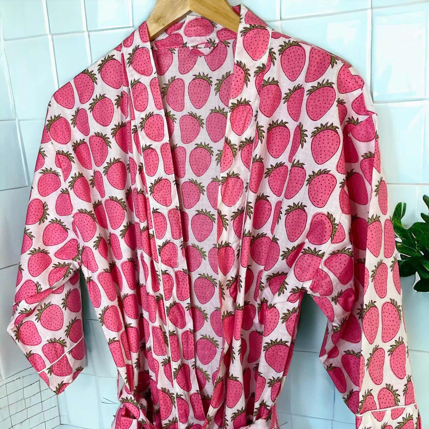 Strawberry Robe - Women's Cotton Kimono Robe | Block Printed |