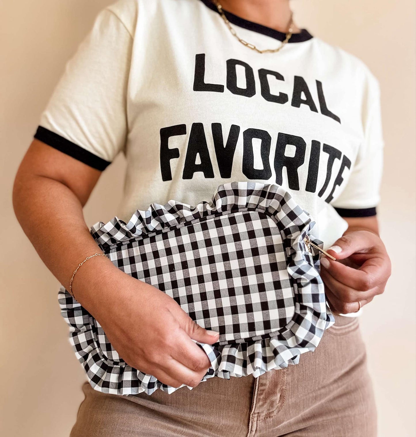 Gingham Ruffle Zipper Pouch Embroidery Friendly Cosmetic Bag: Black