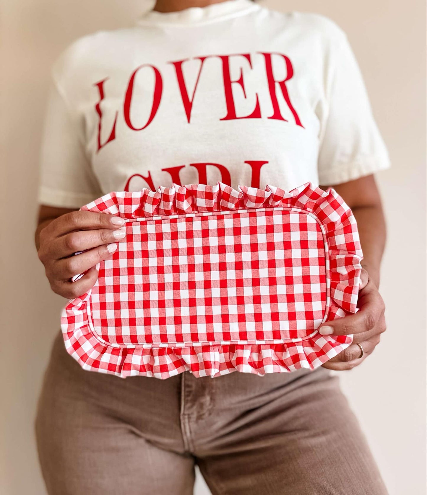 Gingham Ruffle Zipper Pouch: Red