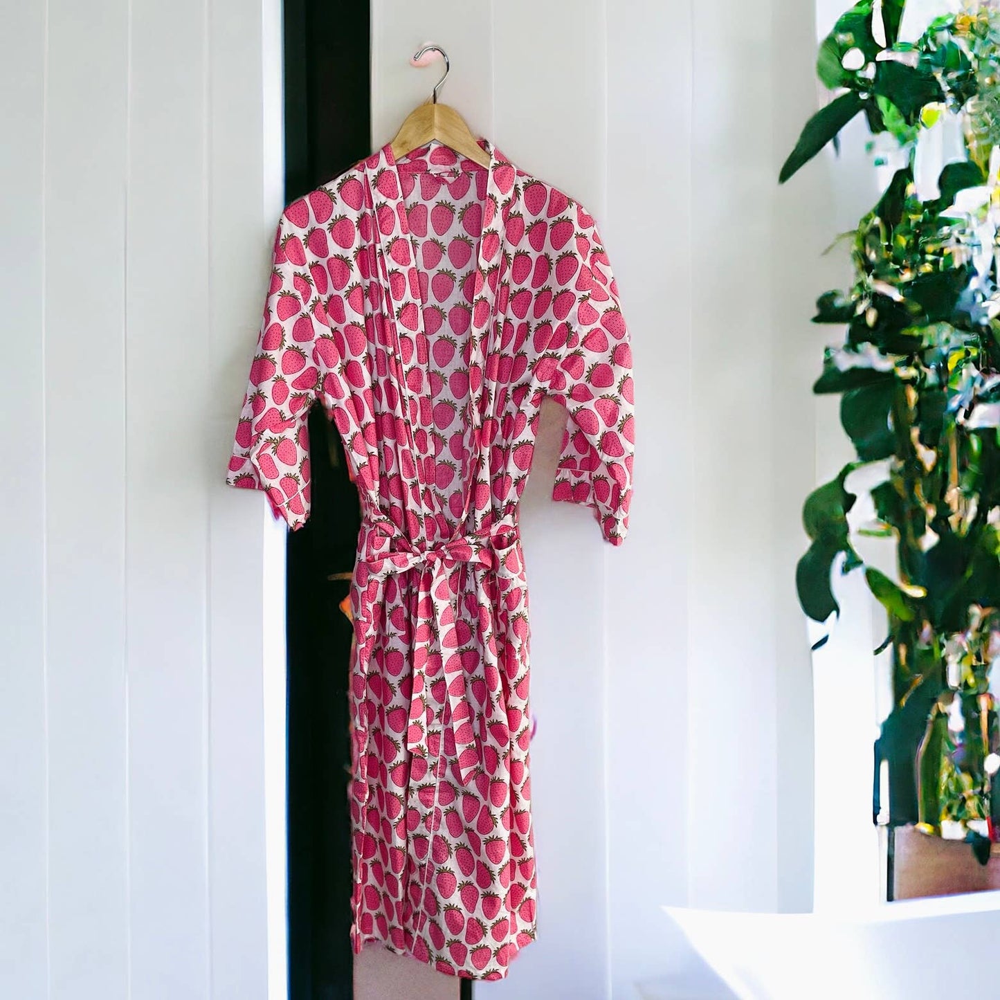Strawberry Robe - Women's Cotton Kimono Robe | Block Printed |
