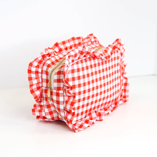 Gingham Ruffle Zipper Pouch: Red