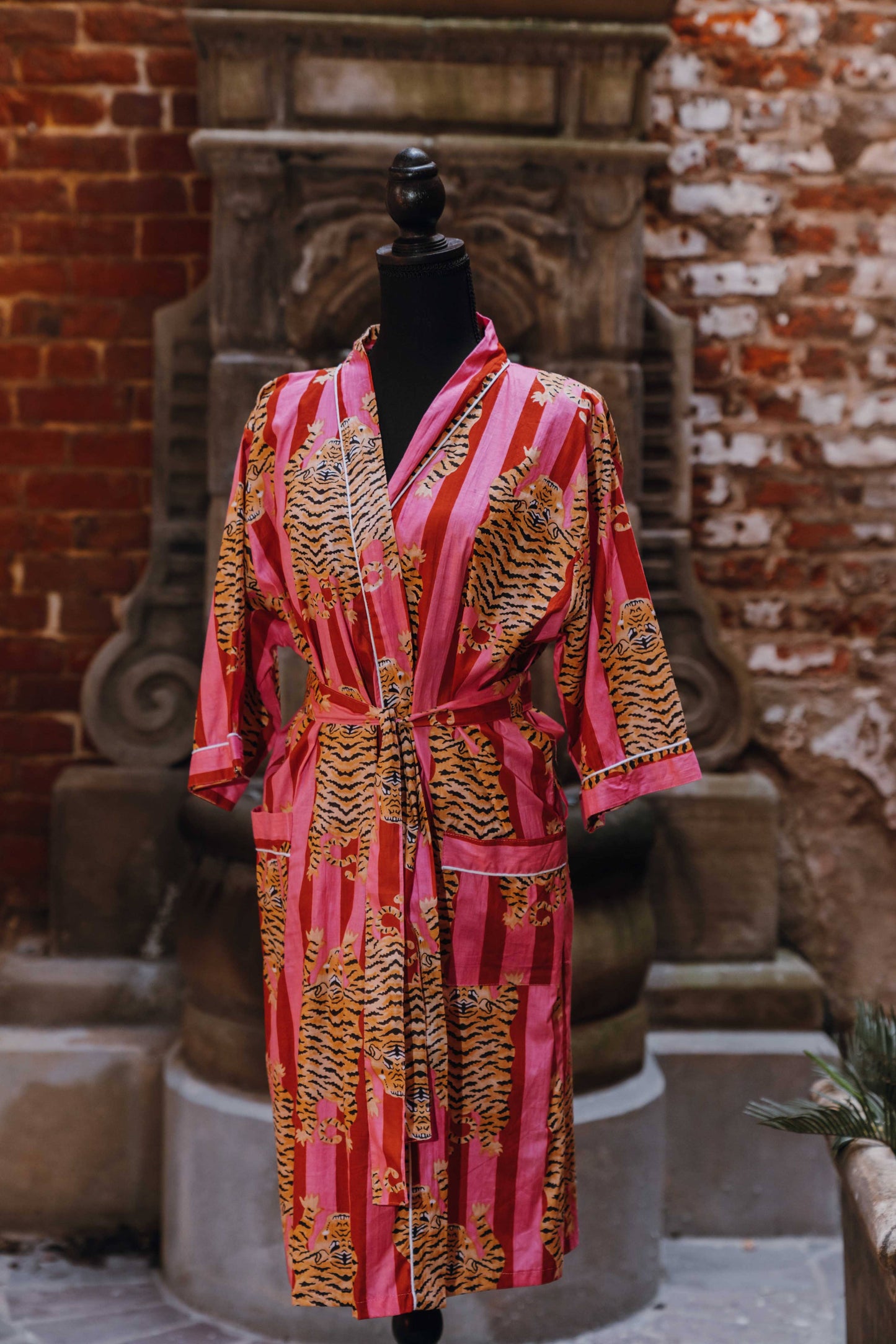 Two Toned Pink Broad Striped Tiger Print Kimono Robe