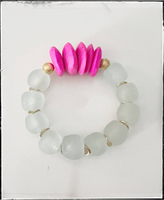 African Bone & Recycled Glass Bead Stretch Bracelet- Pink