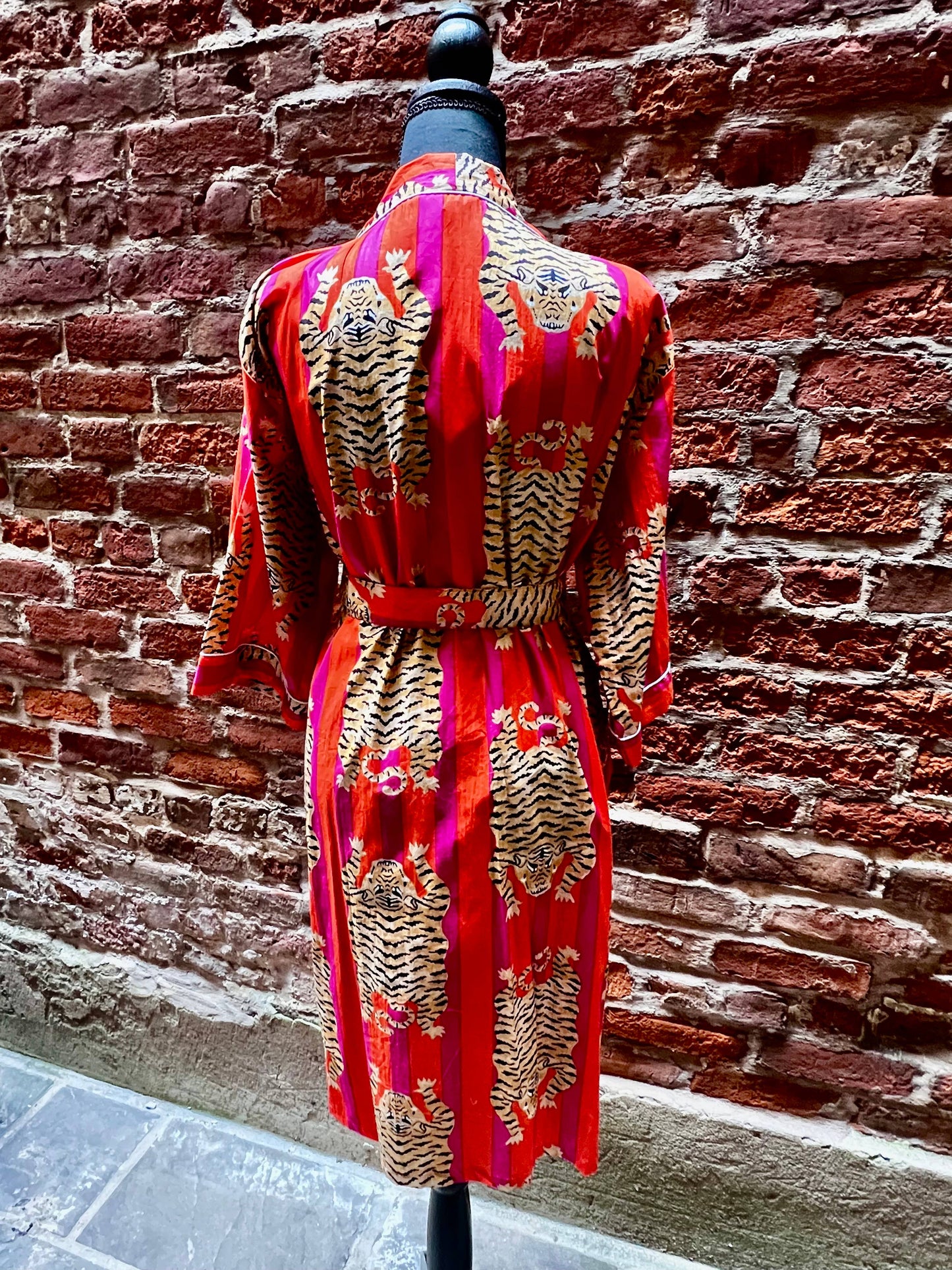 Broad Striped Tiger Print Kimono Robe in Pink & Orange