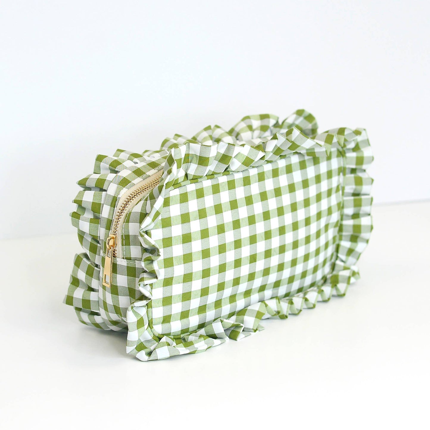 Green: Gingham Ruffle Zipper Pouch Embroidery Friendly Cosmetic Bag