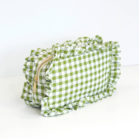 Green: Gingham Ruffle Zipper Pouch Embroidery Friendly Cosmetic Bag