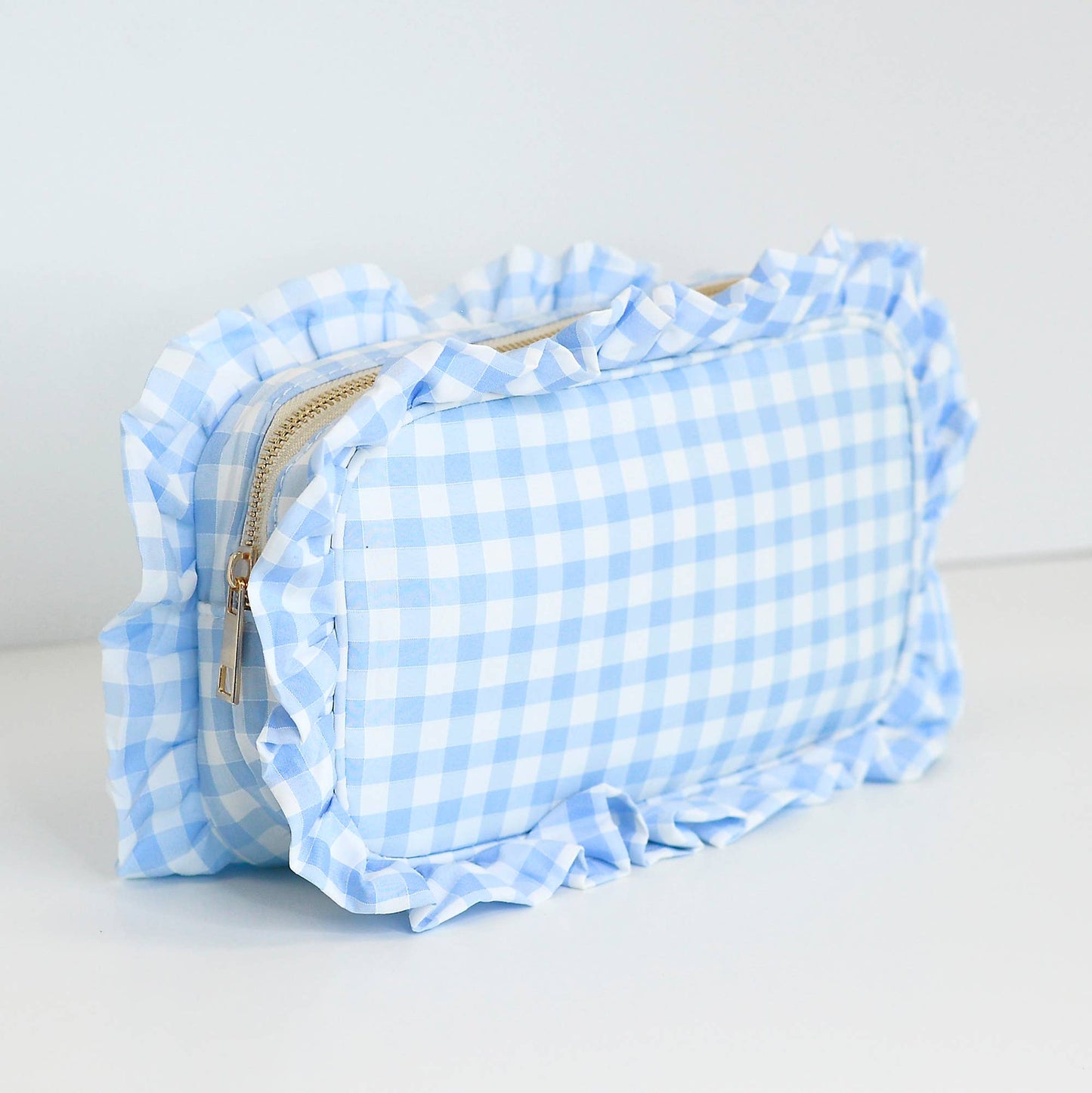 Light Blue: Gingham Ruffle Zipper Pouch Embroidery Friendly Cosmetic Bag