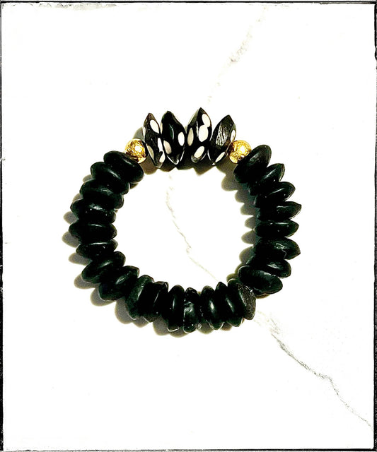 Ashanti Glass & Bone Bead Stretch Bracelet- Black Polka Dot. -7" - Small