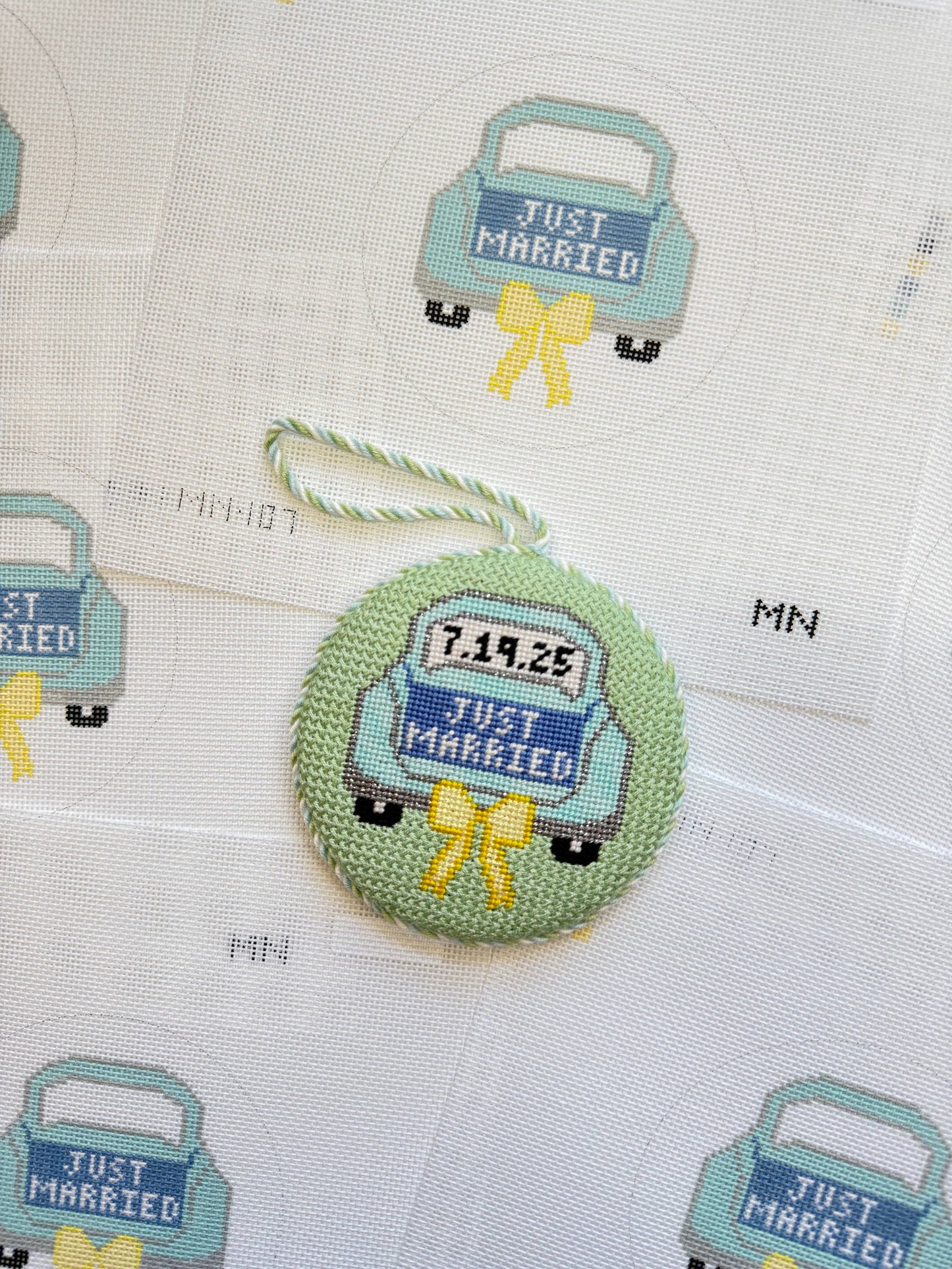Just Married Teal Car Yellow Bow -  18 Mesh Canvas