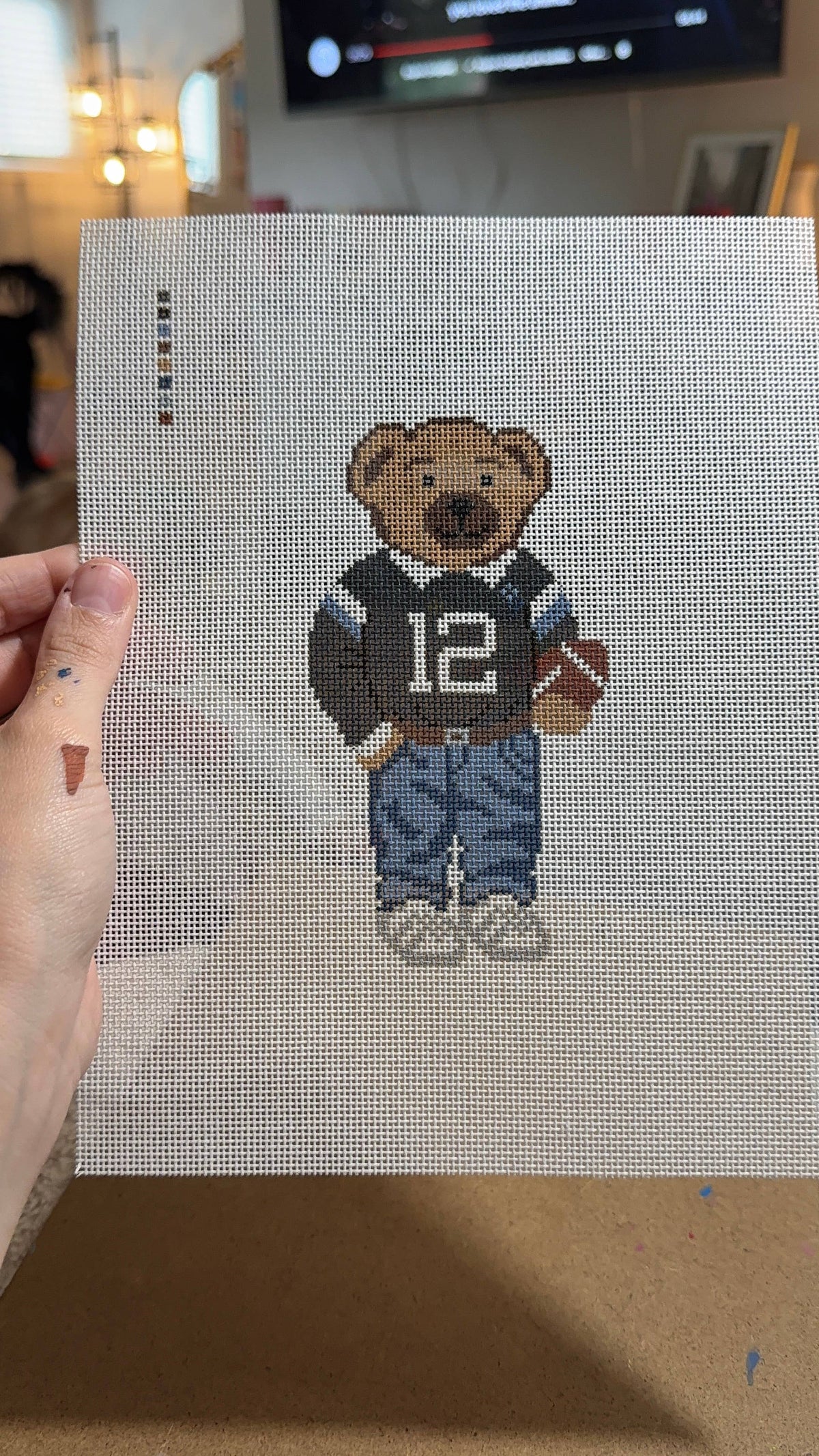 Touchdown Teddy Needlepoint Canvas - Hand Painted, 18 Mesh