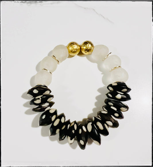 Recycled Glass & Black Polka Dot Bone Bead Stretch Bracelet