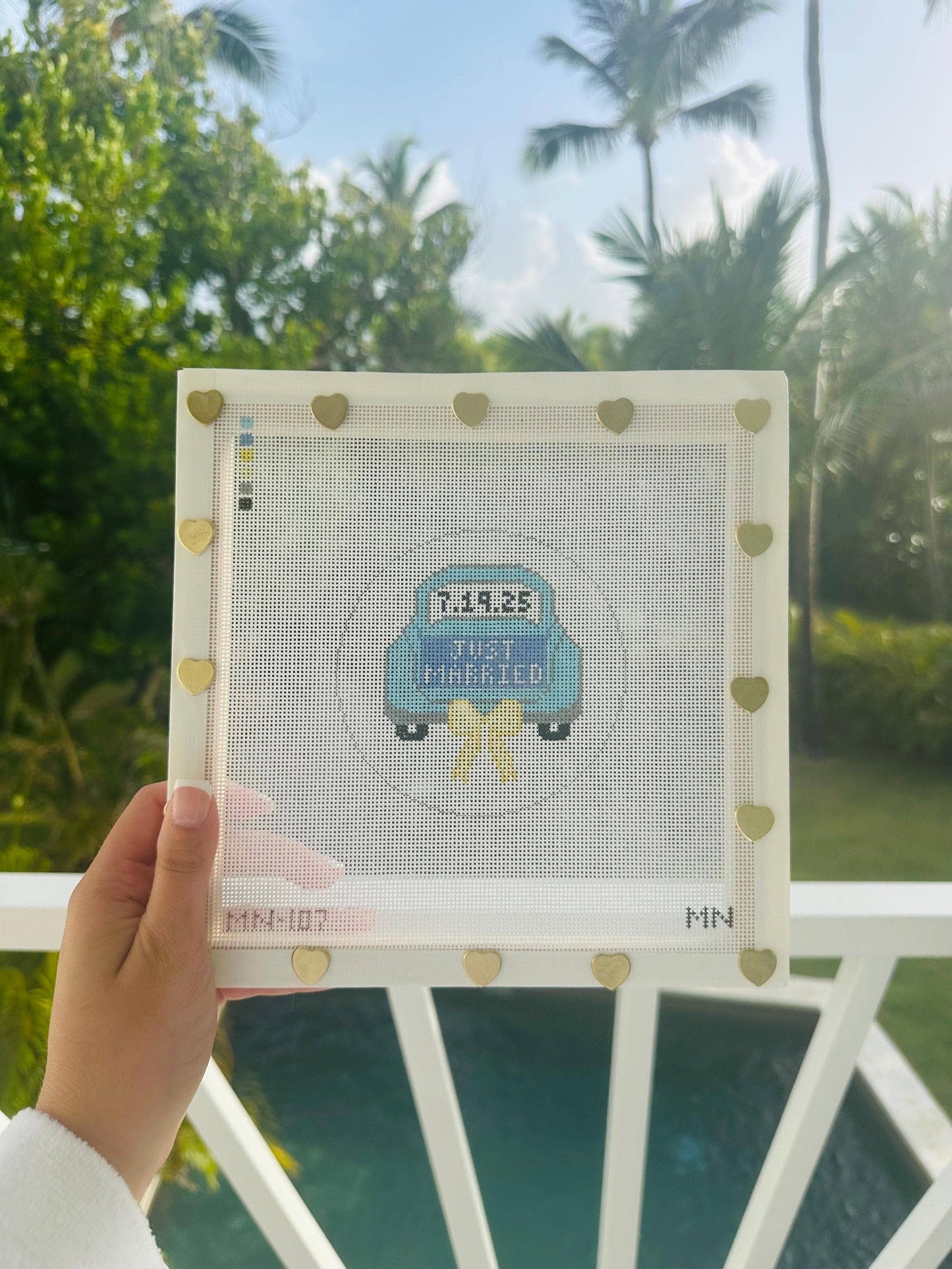 Just Married Teal Car Yellow Bow -  18 Mesh Canvas