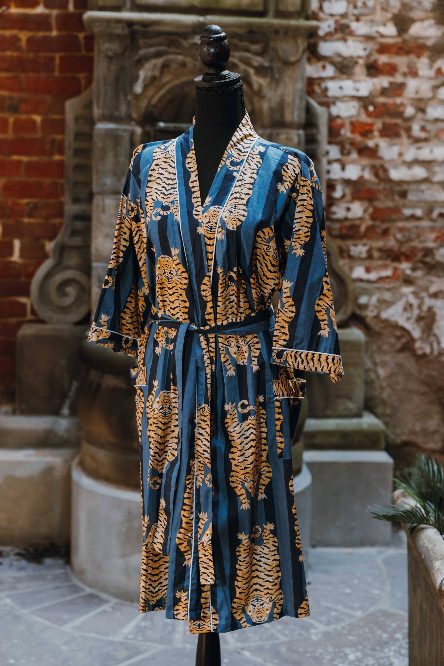 Tiger Print Broad Striped Indigo & Navy Kimono Robe 