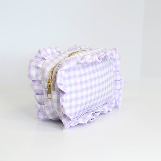 Gingham Ruffle Zipper Pouch Embroidery Friendly Cosmetic Bag: Purple