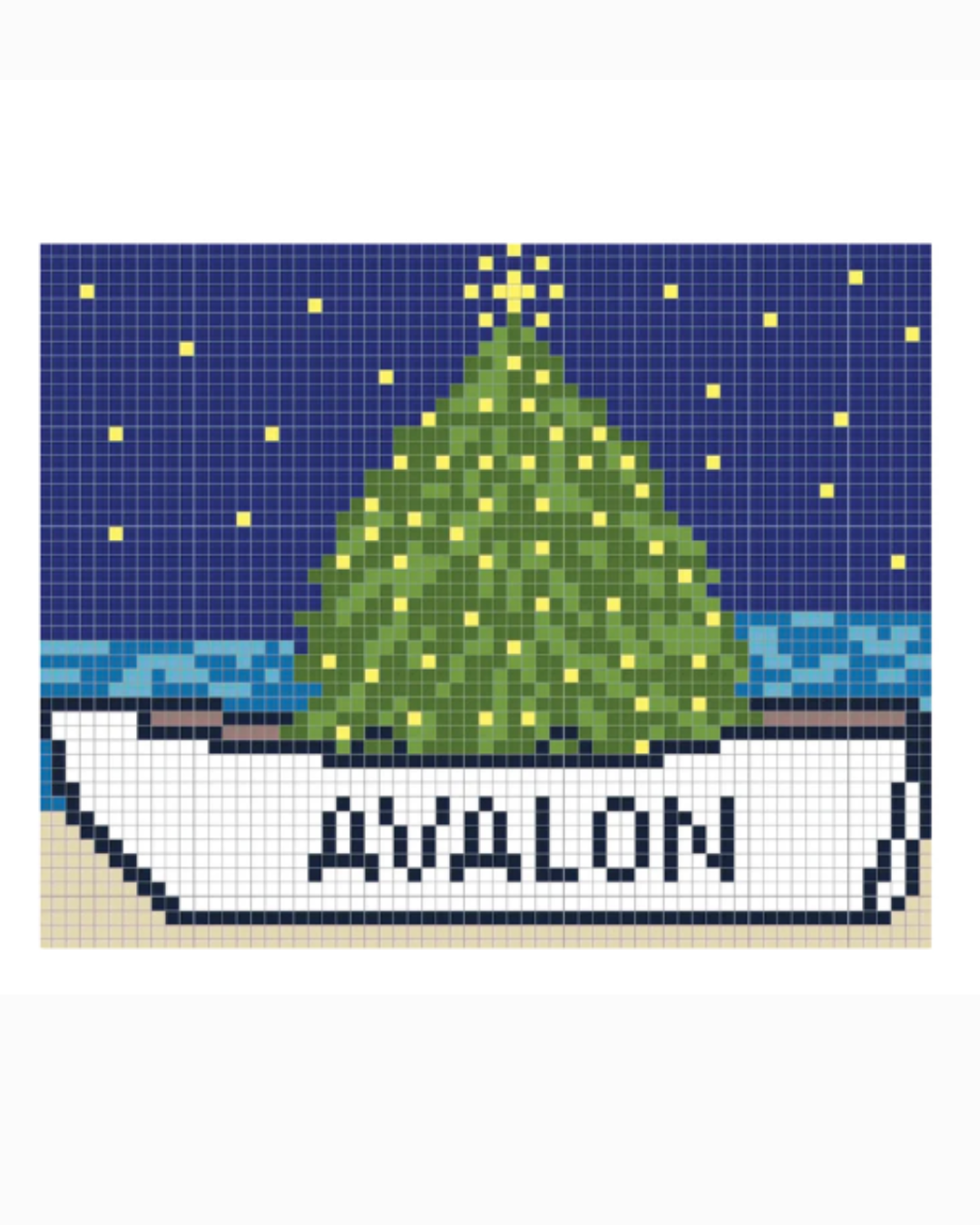 Pixelated Christmas scene with a tree and boat on a grid background