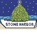 Pixelated image of a Christmas tree with 'Stone Harbor' text on a snowy landscape.