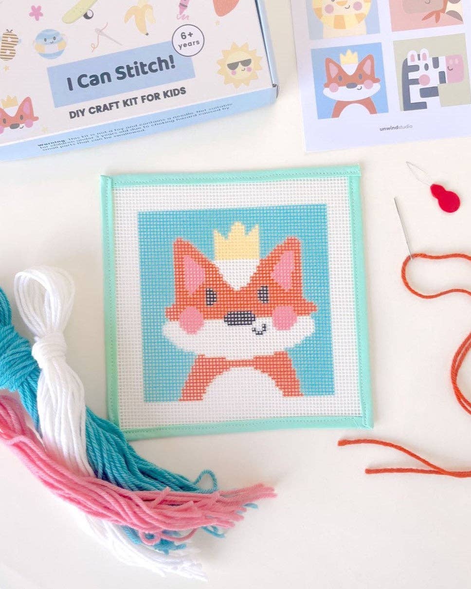 Needlepoint kit with a fox design and 'I Can Stitch!' branding on a white background.