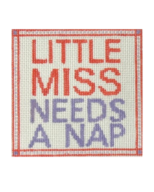 Text 'LITTLE MISS NEEDS A NAP' in orange,  purple, on a white background with an orange border.