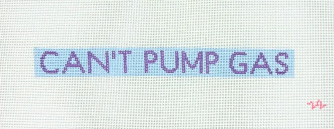 A product listing page for a hand-painted needlepoint canvas featuring a CAN'T PUMP GAS keyfob design. The canvas is shown with a pink border and a blue highlighted text area, displayed on a light gray webpage with shopping cart and buy buttons.