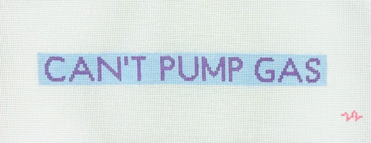 A product listing page for a hand-painted needlepoint canvas featuring a CAN'T PUMP GAS keyfob design. The canvas is shown with a pink border and a blue highlighted text area, displayed on a light gray webpage with shopping cart and buy buttons.