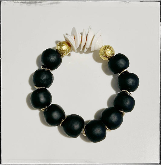 Natural Shell & Recycled Glass Bead Stretch Bracelet- Black