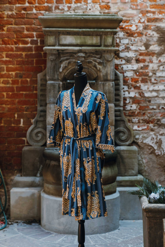 Tiger Print Broad Striped Indigo & Navy Kimono Robe 