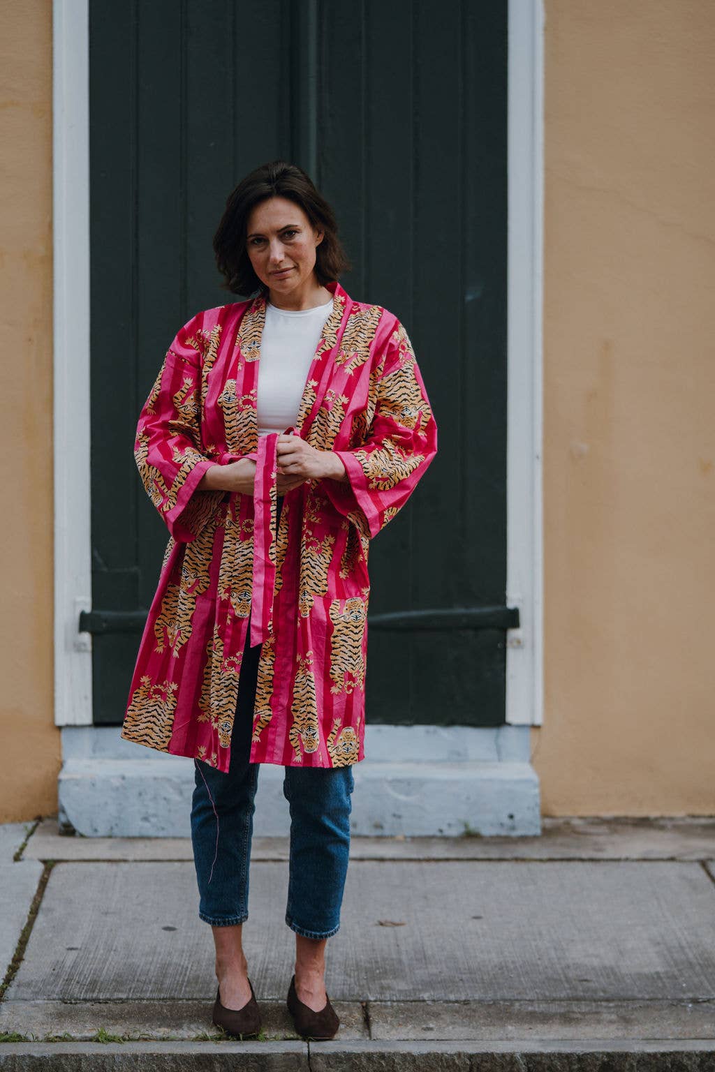 Two Toned Pink Broad Striped Tiger Print Kimono Robe