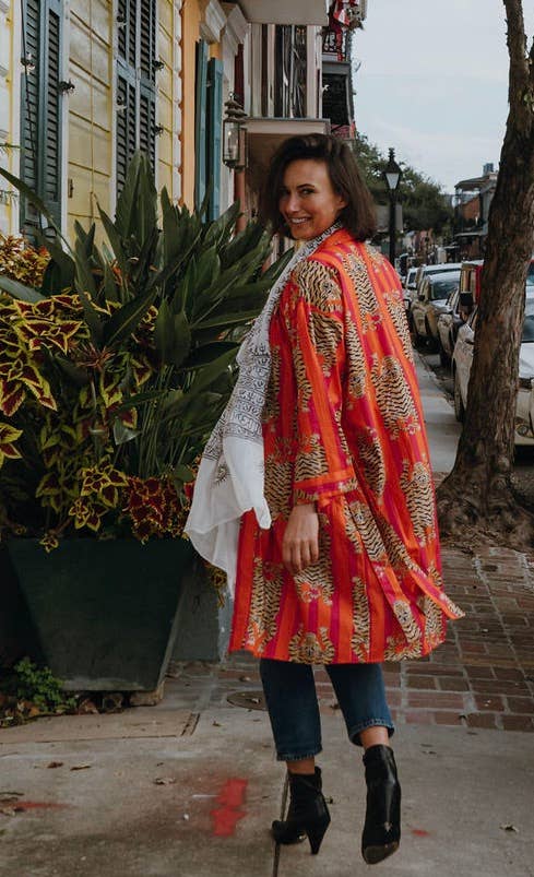 Broad Striped Tiger Print Kimono Robe in Pink & Orange