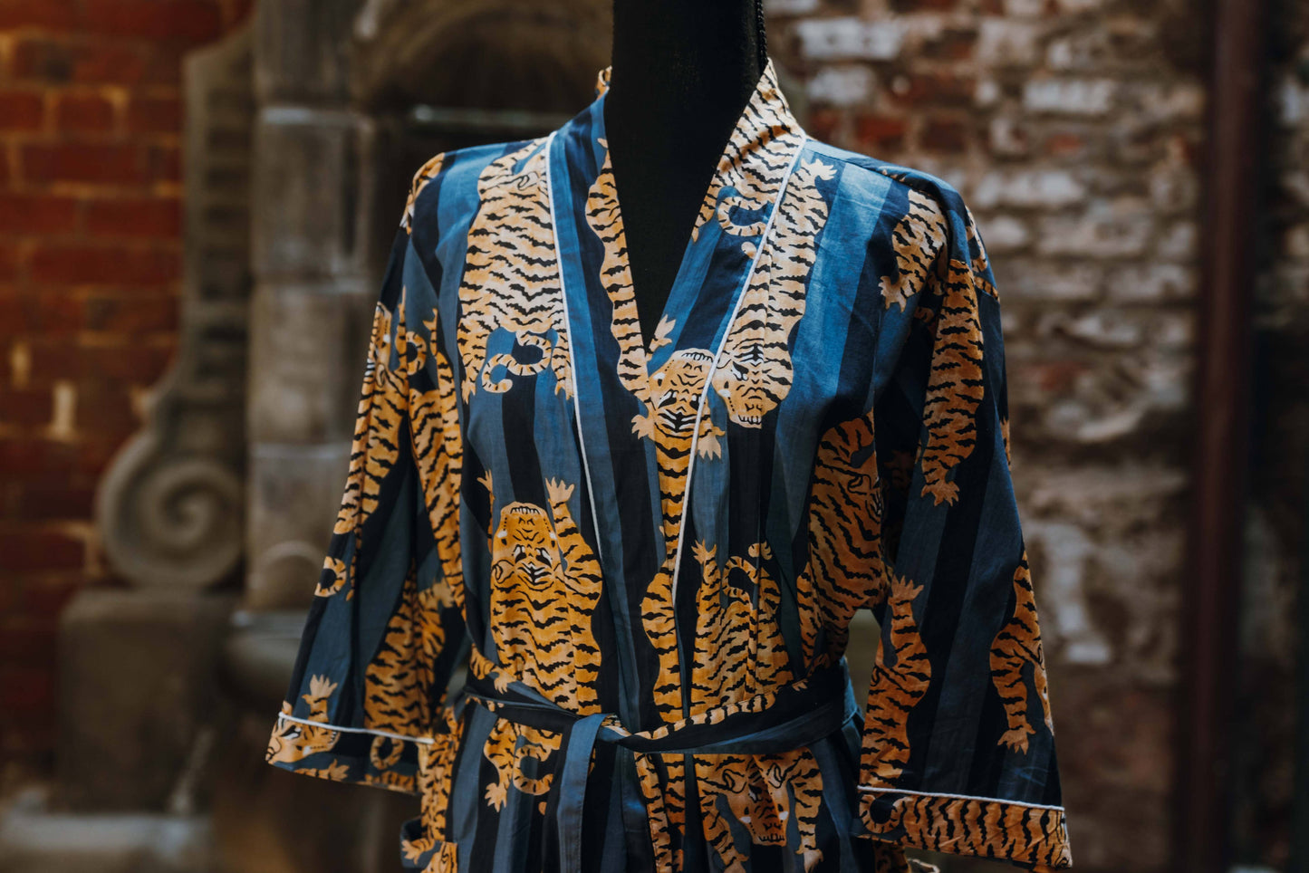 Tiger Print Broad Striped Indigo & Navy Kimono Robe 