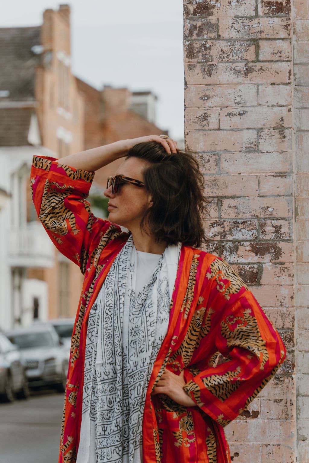 Broad Striped Tiger Print Kimono Robe in Pink & Orange
