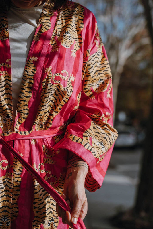Two Toned Pink Broad Striped Tiger Print Kimono Robe