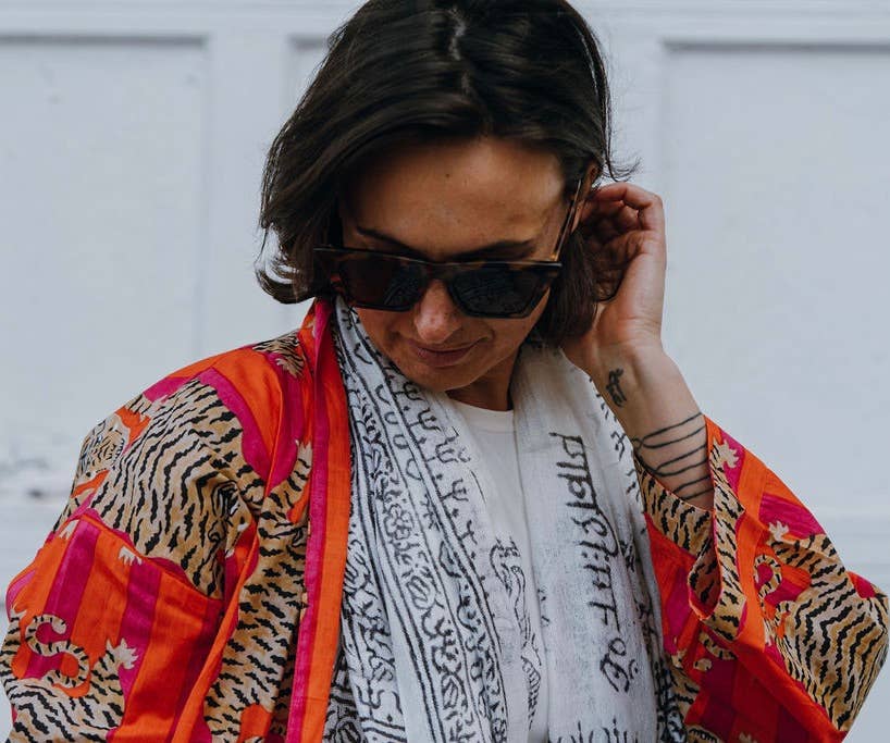 Broad Striped Tiger Print Kimono Robe in Pink & Orange