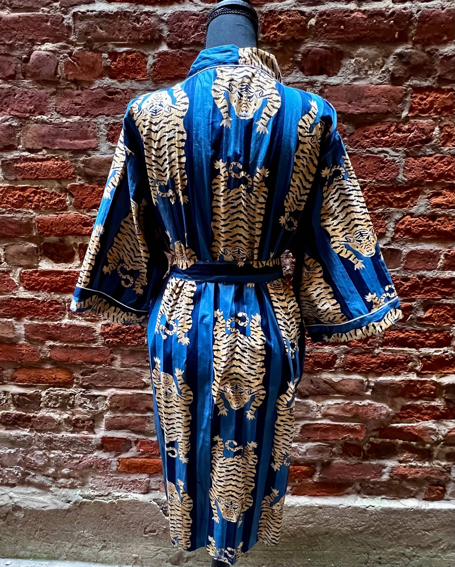 Tiger Print Broad Striped Indigo & Navy Kimono Robe 