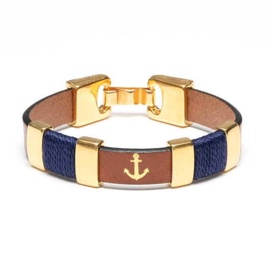 Chatham - Mahogany/Navy/Gold - Leather Anchor Bracelet: S